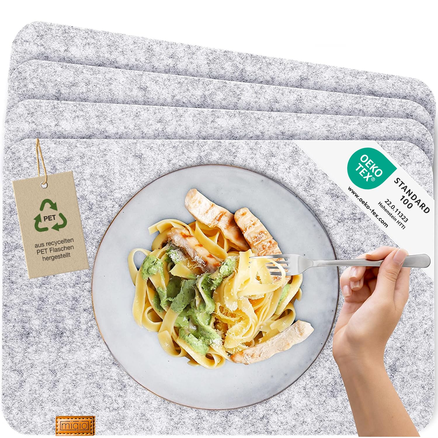 MIQIO® Scandi Style Felt Place Mats - Felt & Leather - Washable | Set of 4 Felt Placemats 44x30 cm | Table Mats for Table Decoration | Light Grey