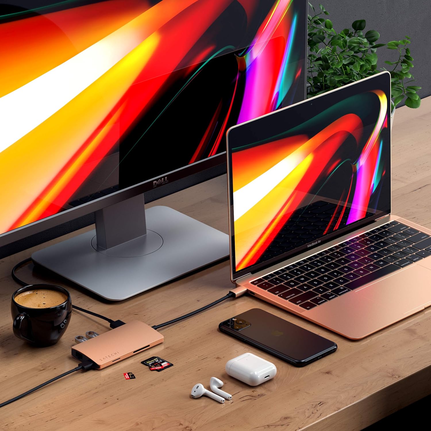 Satechi Aluminum Multi-Port Adapter V2-4K HDMI (30Hz), Gigabit Ethernet, USB-C Pass-Through, SD/Micro Card Readers, USB 3.0 - Compatible with 2020 MacBook Pro, 2020/2018 MacBook Air (Gold): Electronics