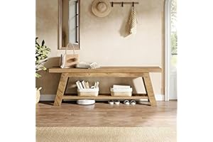 LITTLE TREE 55" Entryway Bench with Storage, 2-Tier Wood Bench Seat with Shoe Storage, Narrow Bench for Entryway, Bedroom, Ha