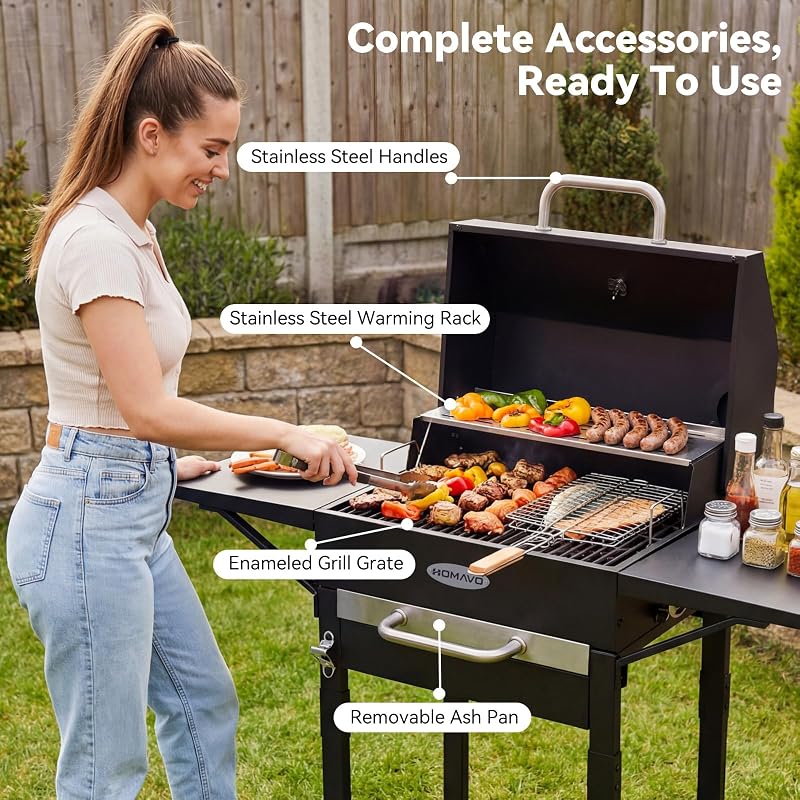 Barbecue charbon avec couvercle et housse, Grill 2 en 1 compact balcon jardin, Thermomètre intégré, Grille maintien au chaud, Protégé pour extérieur et facile à ranger