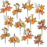 Coferset 12pcs Pumpkin Fall Stems, Fall Floral Picks Fake Pumpkins Branches with Maple Leaves & Berry for Vases Centerpieces Thanksgiving Harvest Autumn Decoration