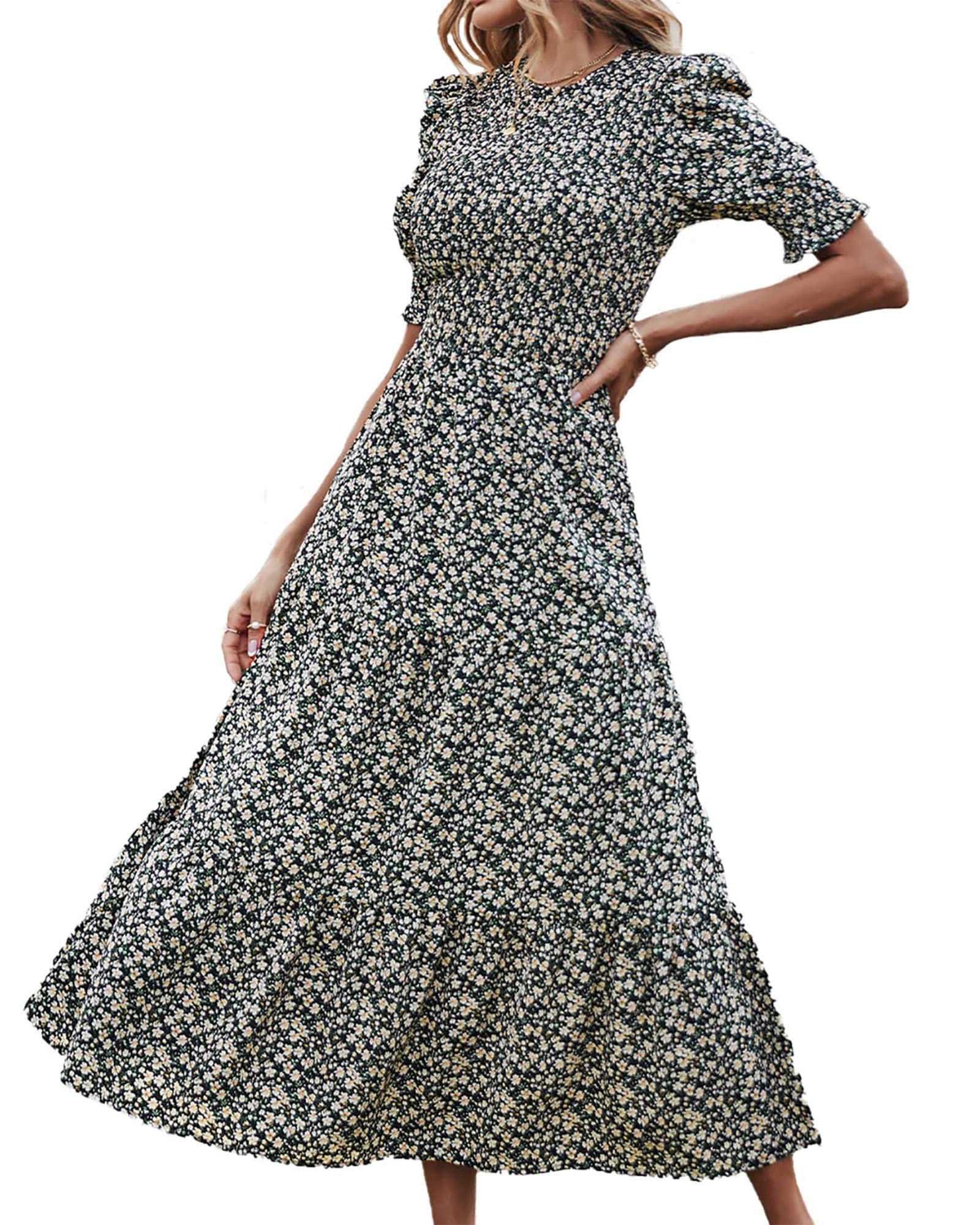 Photo 1 of BTFBM Women Casual Summer Dresses 2024 Spring Crew Neck Ruffle Short Sleeve Floral Print Smocked Boho Flowy Maxi Dress(Floral Black Apricot, X-Large)