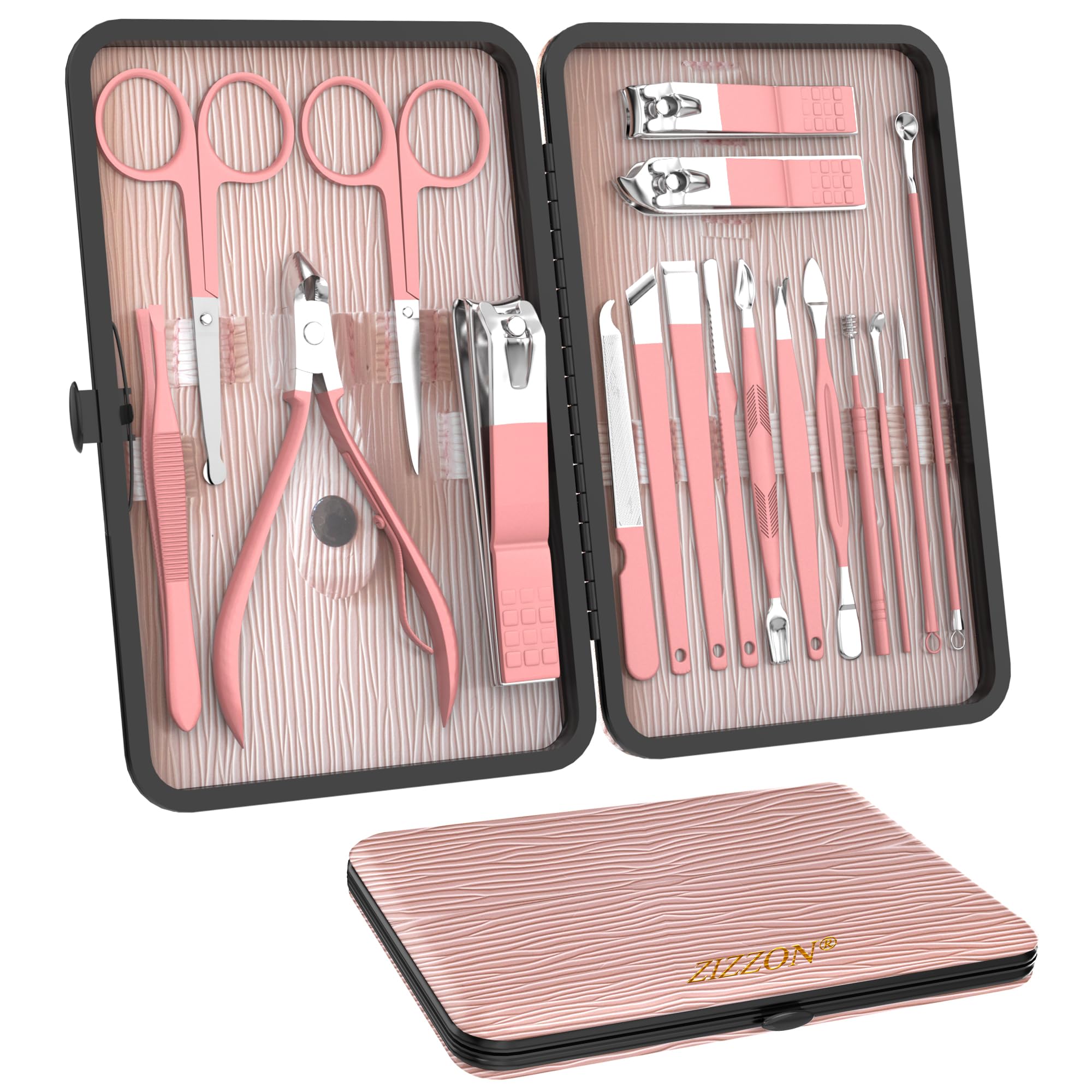 ZIZZON Manicure Set 18 in 1 Professional Pedicure Set Nail scissors Grooming Kit with Leather Travel Case Pink