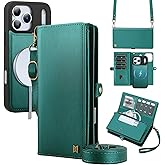 MEGSHI for Wallet Case Compatible with iPhone 17 Pro,Multi-Function Detachable 2 in 1 Magnetic iPhone 17 Pro Case Wallet,Flip Strap Zipper Card Holder Phone Case with Shoulder Straps (Green)