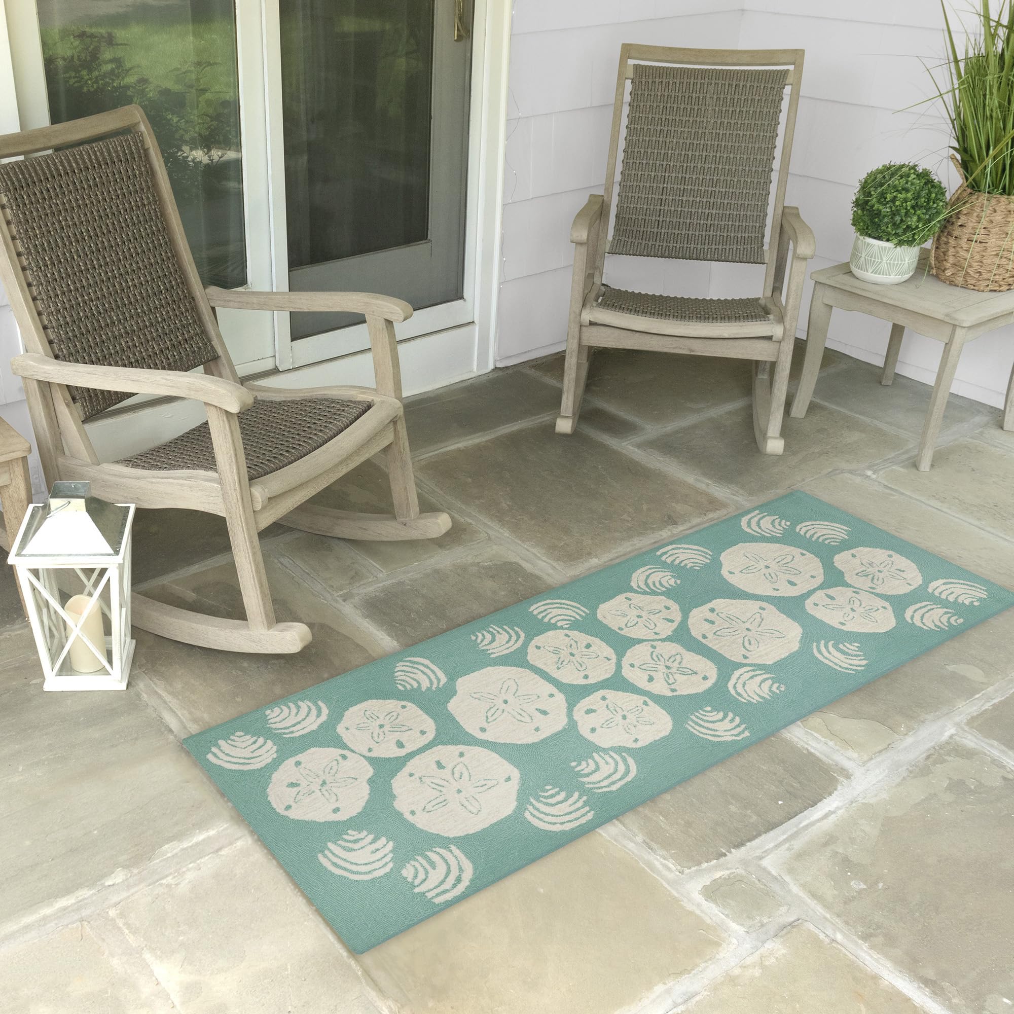 Liora Manne Frontporch Indoor Outdoor Rug - Novelty Design, Hand Hooked, Weather Resistant, UV Stabilized, Foyers, Porches, Patios & Decks, Shell Toss Aqua, 2' x 5' Image
