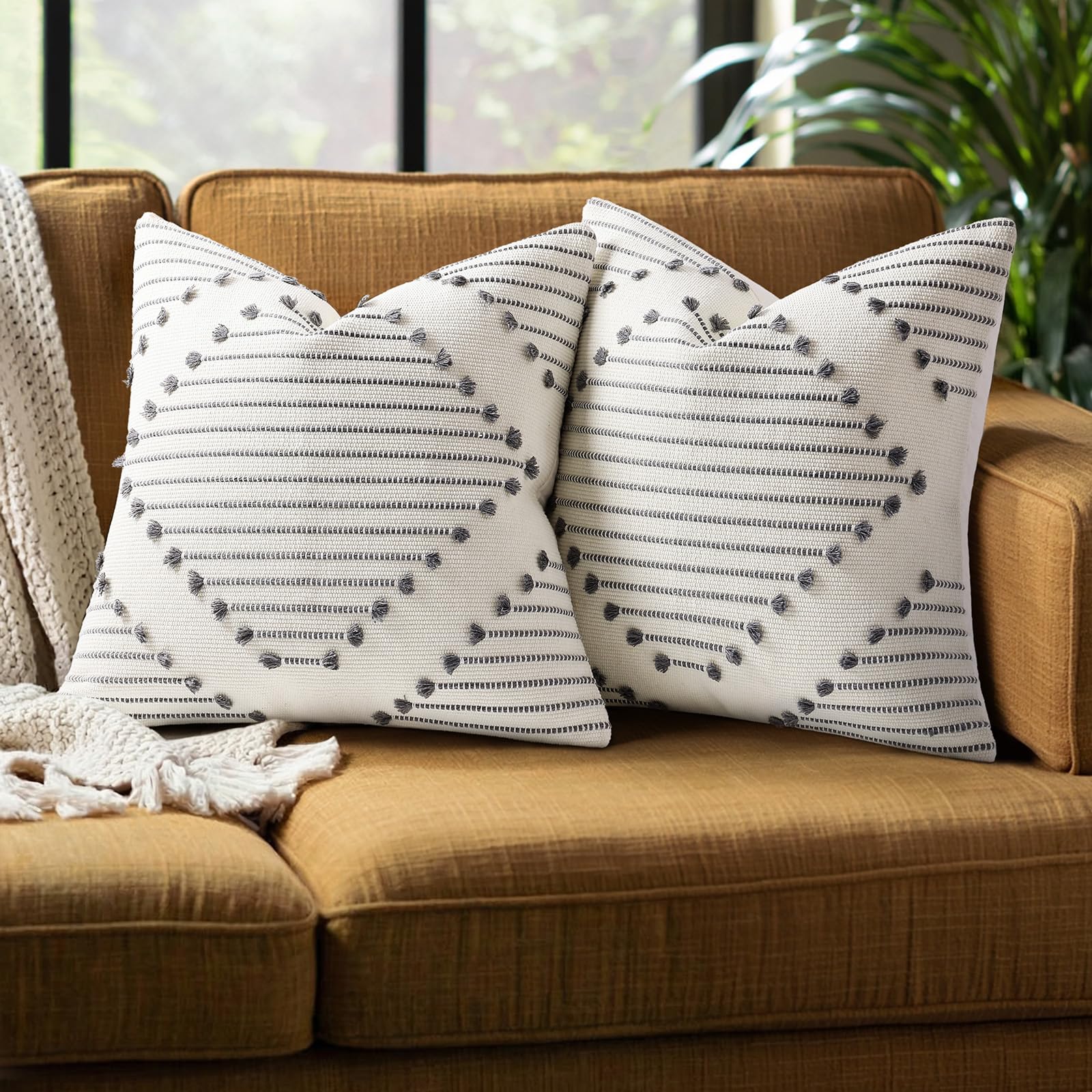 Mecatny Boho Outdoor Throw Pillow Covers 18X18 Set of 2, Farmhouse Decorative Pillow Covers for Couch Sofa Living Room, Grey & Cream White