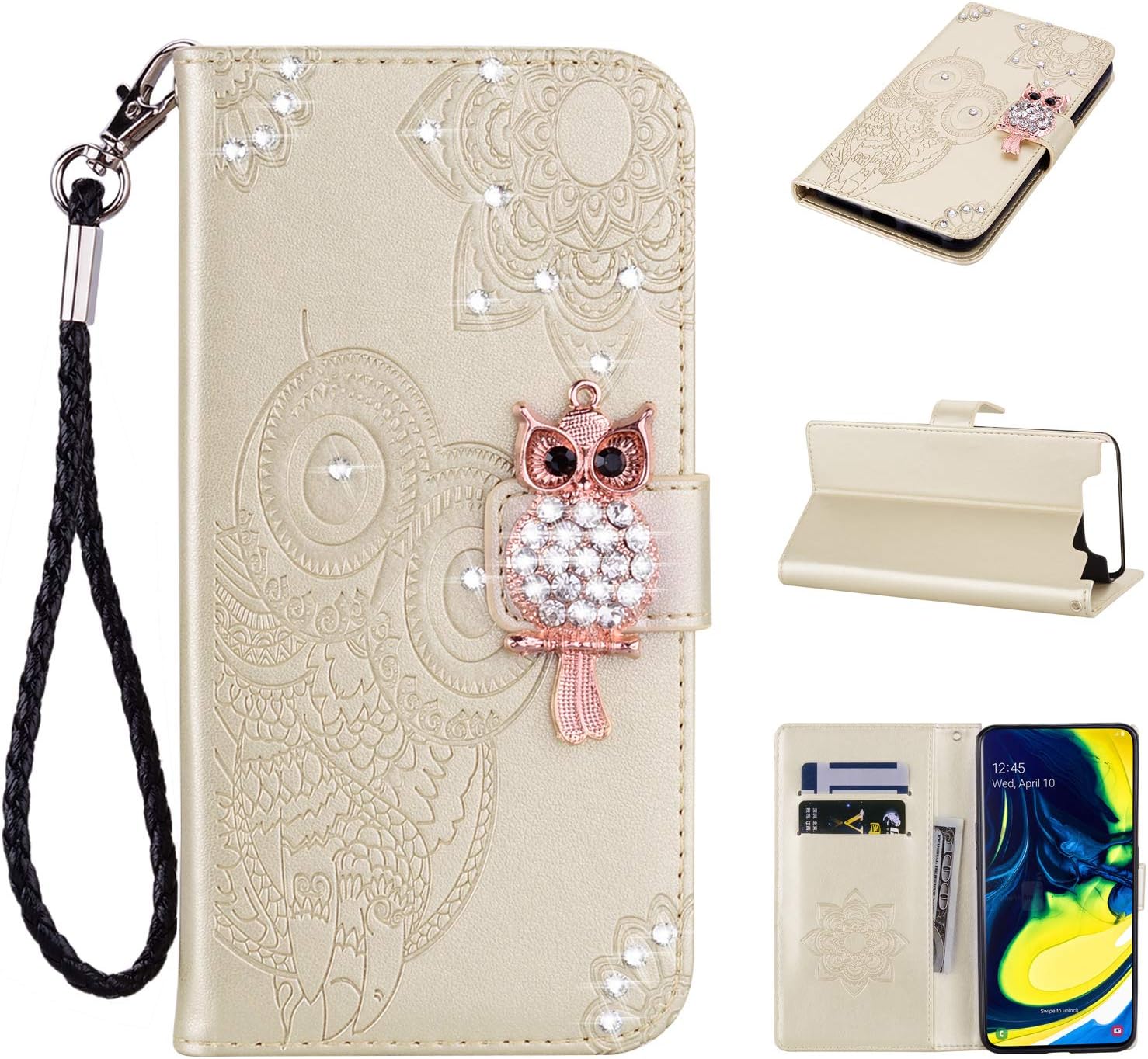 EWCover Wallet Case for Samsung Galaxy A80,Owls Bees Floral Pattern Premium Leather Flip Cover Case with Luxurious Diamond