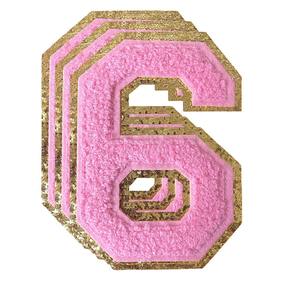 Photo 1 of TXSN 3PCS Pink Chenille Numbers Patch, Large Size 4-1/2" Iron on Number Patches Varsity Glitter Patches for Clothing, 6