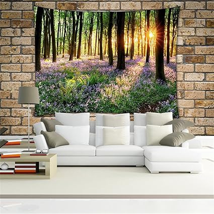 Qees Green Forest Decor Tapestry Pattern Woven Couch Throw Blanket Light Weight Polyester Fabric Hippie Hanging Wall Decor Bedroom Living Room Dorm