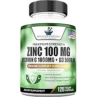 Zinc 100mg, Vitamin C 1000mg, Vitamin D 5000IU per Serving, Immune Support for Adults Kids, Immune System Booster…