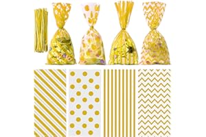 Aneco 100 Pack Gold Cellophane Bags 10.6 x 5.1 Inch Plastic Candy Bags Gift Bag Goodie Bag with Twist Ties for Valentine, Birthday, Gift Cookie Snack Packing Party Favor Supplies