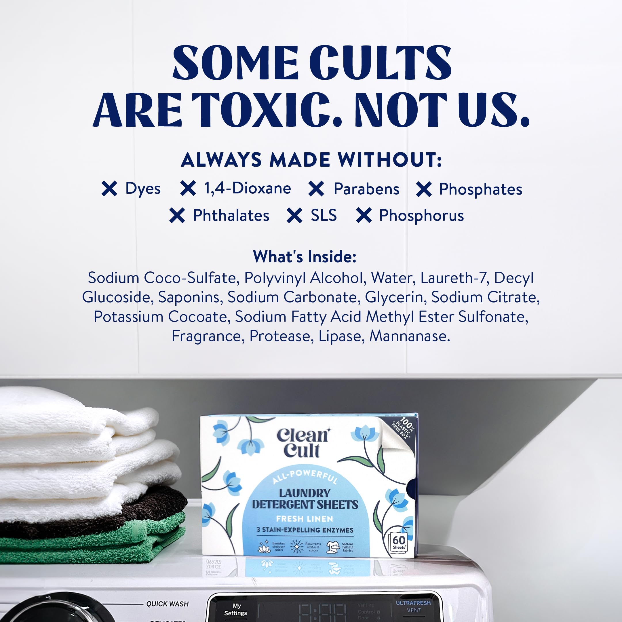 Cleancult Laundry Detergent Sheets - Resealable Box - 3 Stain Fighting Enzymes - Fresh Linen - 60 Loads - Free of Harsh Chemicals - No Mess - No Plastic Waste