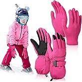 Twistover 2 Pairs Kids Warm Gloves Set Including Knit Gloves Winter Cold Weather Waterproof Snow Gloves Finger Gloves Windproof Unisex Kids Ski Gloves for Girls Boys Children's Outdoor Sports
