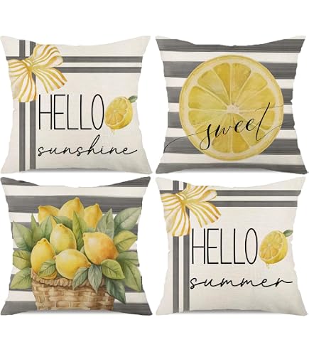 Whaline Lemon Pattern Pillow Covers 18x18 Inch - 4 Pack Farmhouse Summer Decor For Sofa & Couch