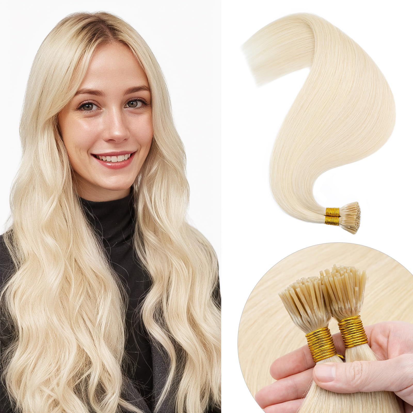 Elailite I Tip Hair Extensions Real Human Hair 100 Strands 50g Cold Fusion Remy Hair Straight (#60 Platinum Blonde, 18 Inch) — image 1