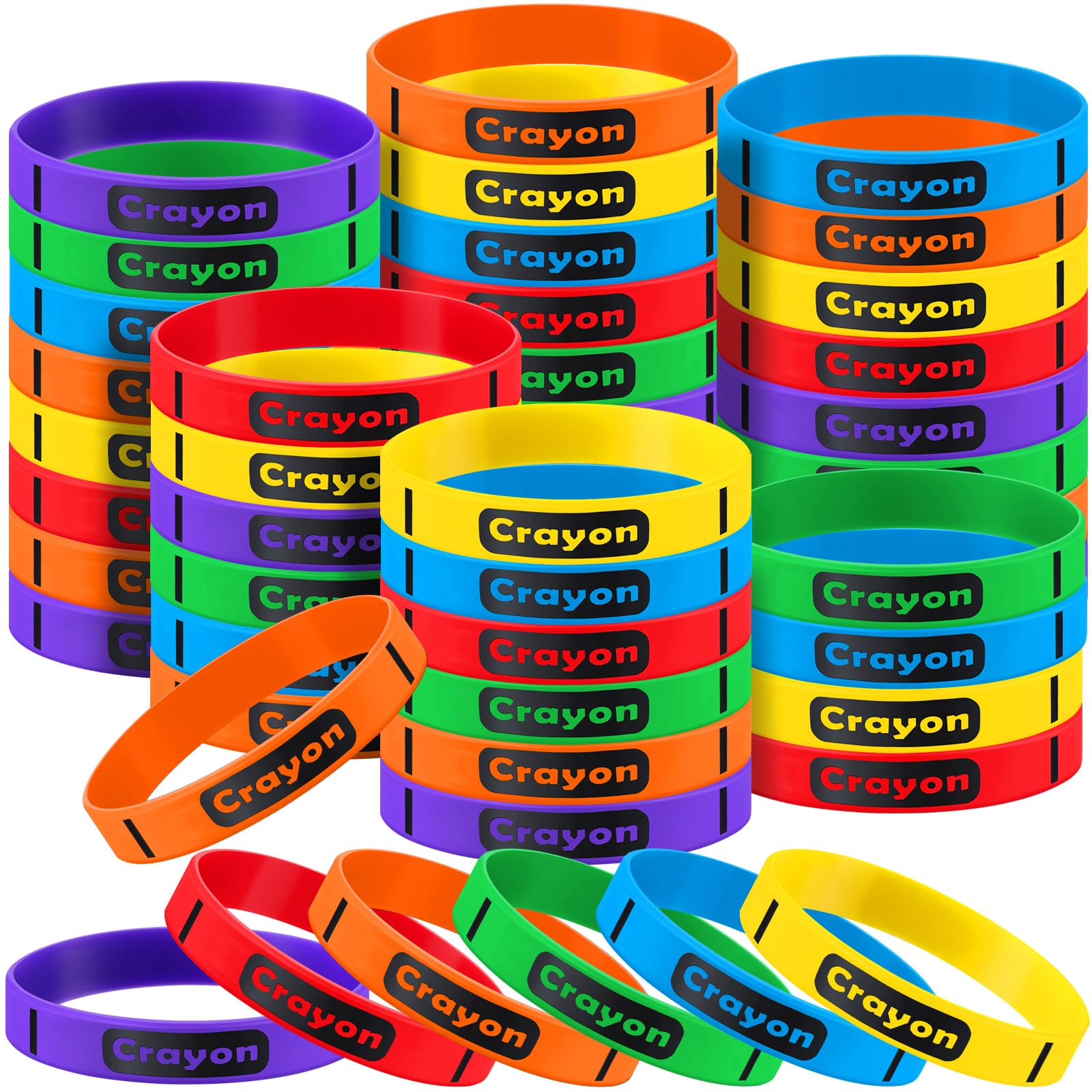 Photo 1 of Simgoing 60 Pcs Crayon Rubber Bracelets Crayon Themed Silicone Wristbands Back to School Party Favors Classroom Decor Supplies Exchange Gifts