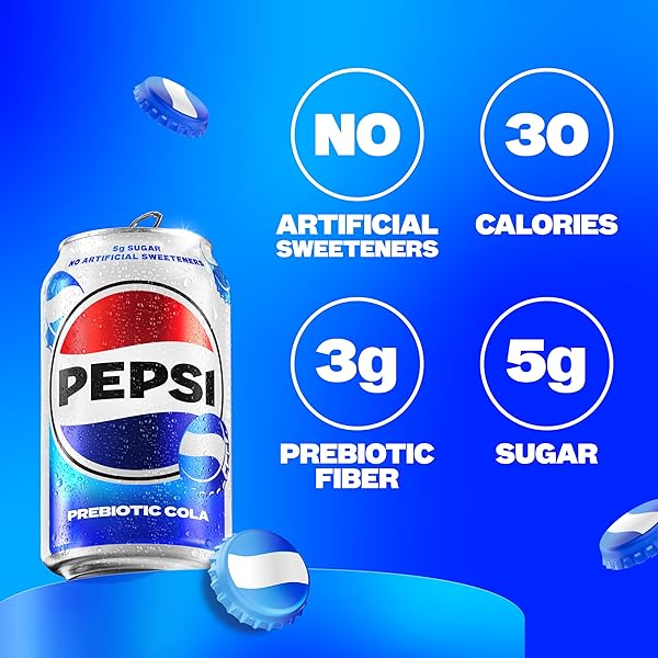 PEPSI PREBIOTIC COLA, 12 FL OZ CANS (8 PACK), 30 CALORIES, 3G PREBIOTIC FIBER, 5G SUGAR, SODA POP