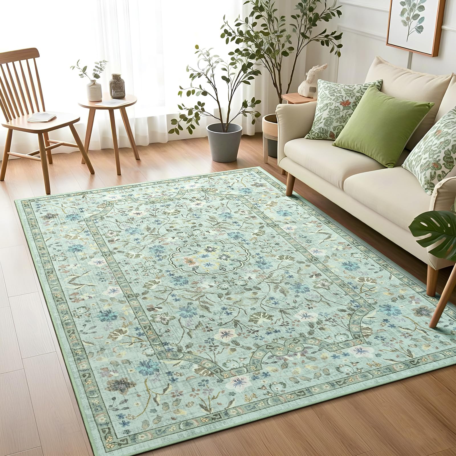 Photo 1 of Vasofe 3x5 Area Rug for Bedroom, Washable Rugs for Living Room, Laundry, Kitchen, Vintage Floral Indoor Non Slip Carpet Farmhouse Green Throw Carpets Soft Low Pile Mat for Dorm Bedside Entryway Office
