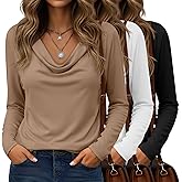 JoyMotion 3 Pack Women's Draped Cowl Neck Tops Long Sleeve Stretchy Blouses Dressy Casual Shirts Business Casual Outfits