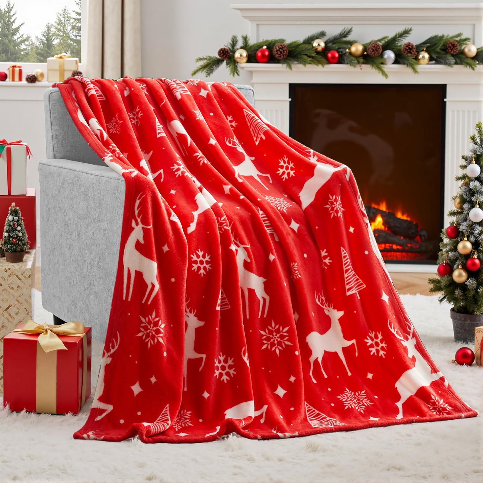 Joiedomi 130x150cm Red Reindeer Christmas Throw Blanket, Soft Flannel Blanket, Warm Plush Christmas Decoration, Winter Cozy Holiday Cabin Throw for Sofa Couch (Red)
