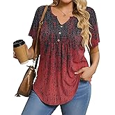 IN'VOLAND Womens Plus Size Tunic Top Summer Short Sleeve T-Shirt V-neck Button Up Dressy Blouse Casual Pleated Pullover 1X-5X