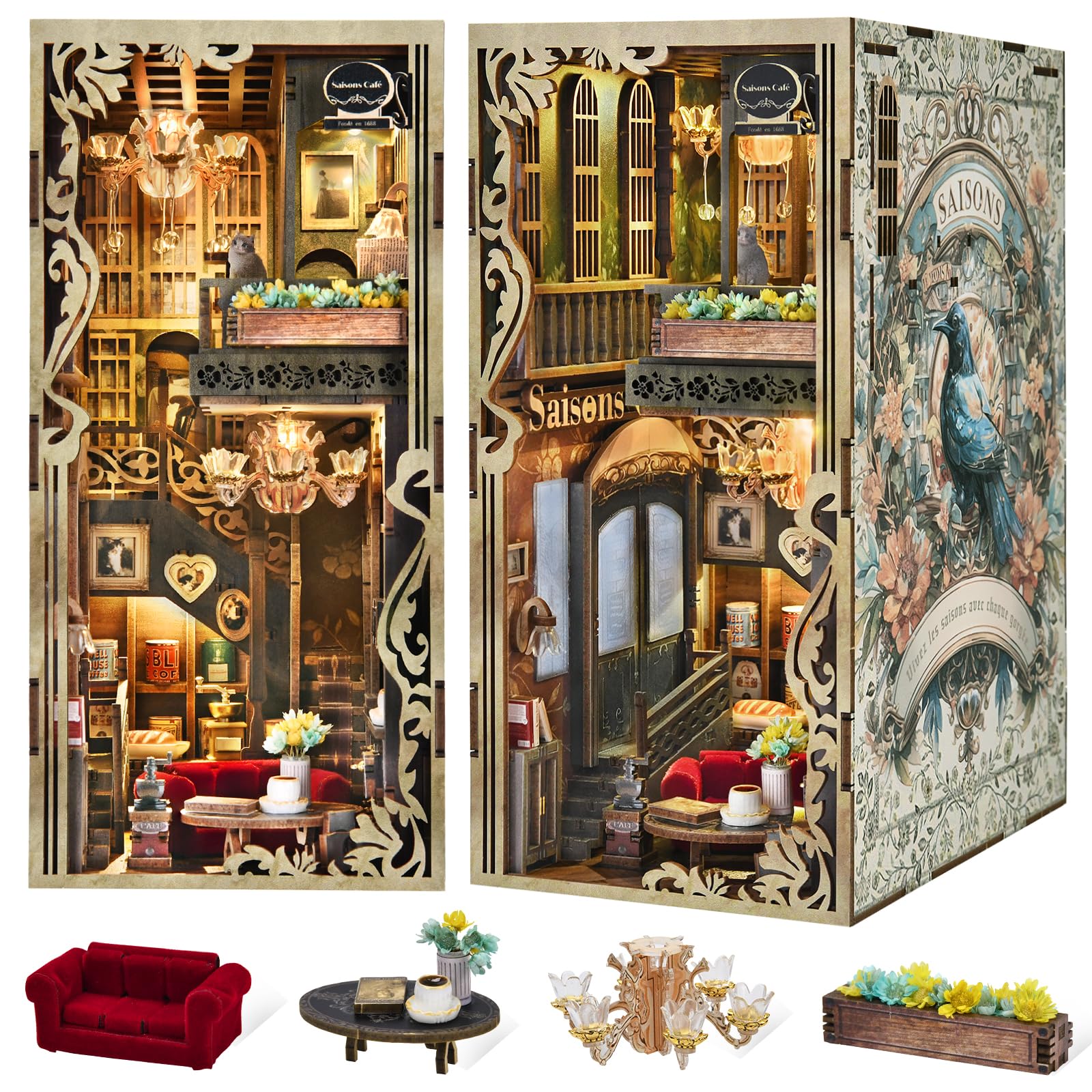 MiniCity DIY 3D Wooden Puzzle Book Nook Bookshelf Insert Decor with LED Light(Saisons Café) — image 1