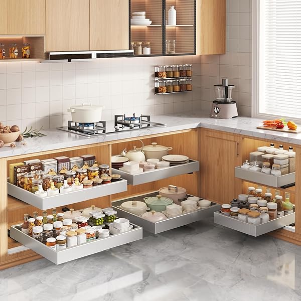 SEINLOES 2 PACK PULL OUT CABINET ORGANIZERS 21″DEEP WITH RAISING PAD FOR FRAMED CABINETS,EXPANDABLE SLIDE OUT DRAWERS UPGRADE 3 SLIDE RAILS,ROLL OUT SHELVES ADHESIVE,ADJUSTABLE WIDTH 12″-20.45″ SILVER