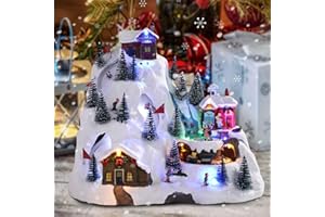 WONDER GARDEN Christmas Village - Colorful Music Village Figurines with Rotating Railway Train, Skiing, LED Lights for Home Decor or Gift