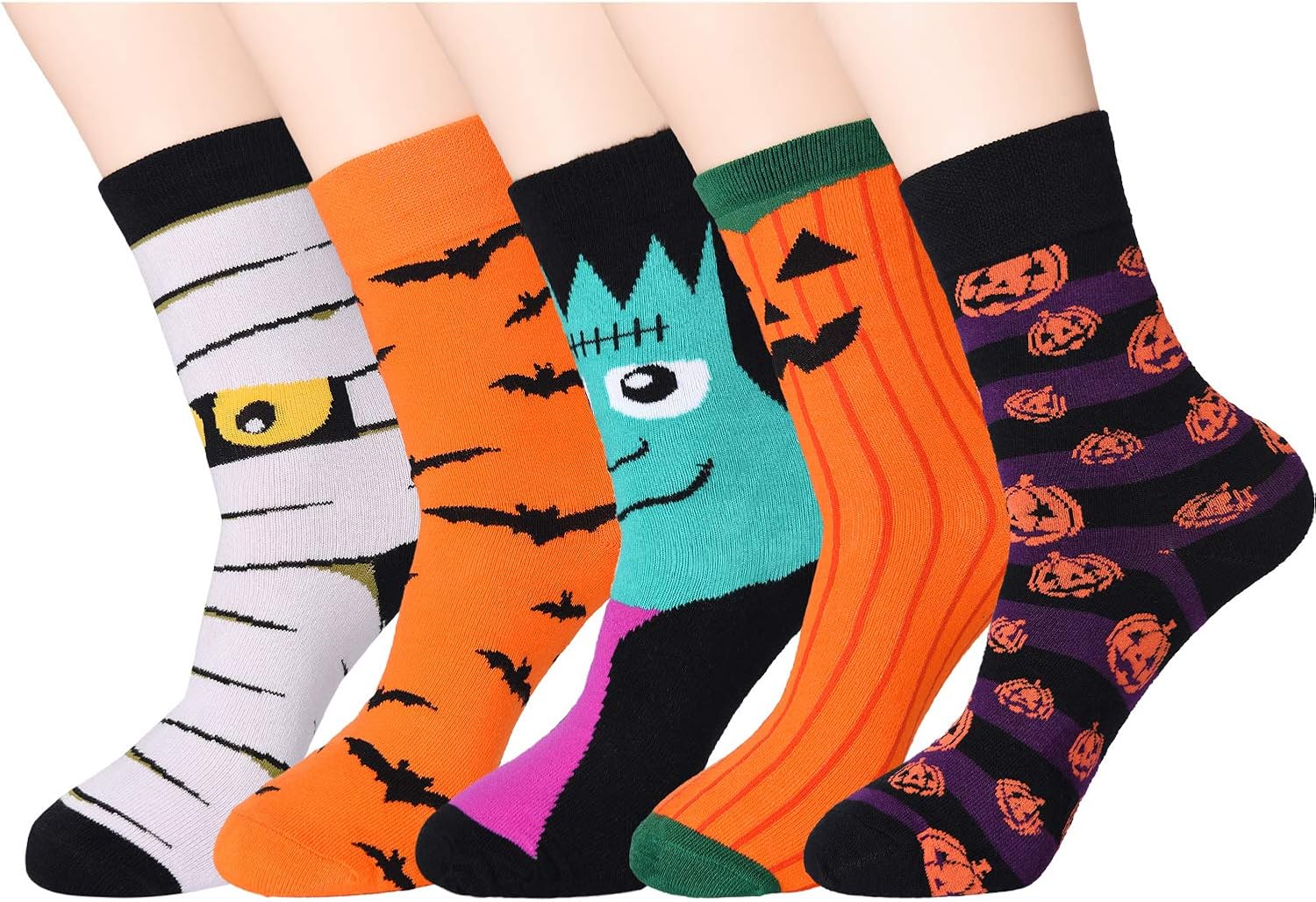 5 Pairs Halloween Socks Pumpkin Bat Print Socks Halloween Novelty Crew