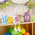 Lulu Home Easter Tabletop Ornament, 8.3" L x 5.9" H x 2" W Resin Bunny Shelf Sitter with Dangling Legs, Adorable Happy Easter Rabbit Statue with Easter Eggs for Spring Indoor Decorations
