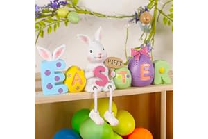 Lulu Home Easter Tabletop Ornament, 8.3" L x 5.9" H x 2" W Resin Bunny Shelf Sitter with Dangling Legs, Adorable Happy Easter Rabbit Statue with Easter Eggs for Spring Indoor Decorations