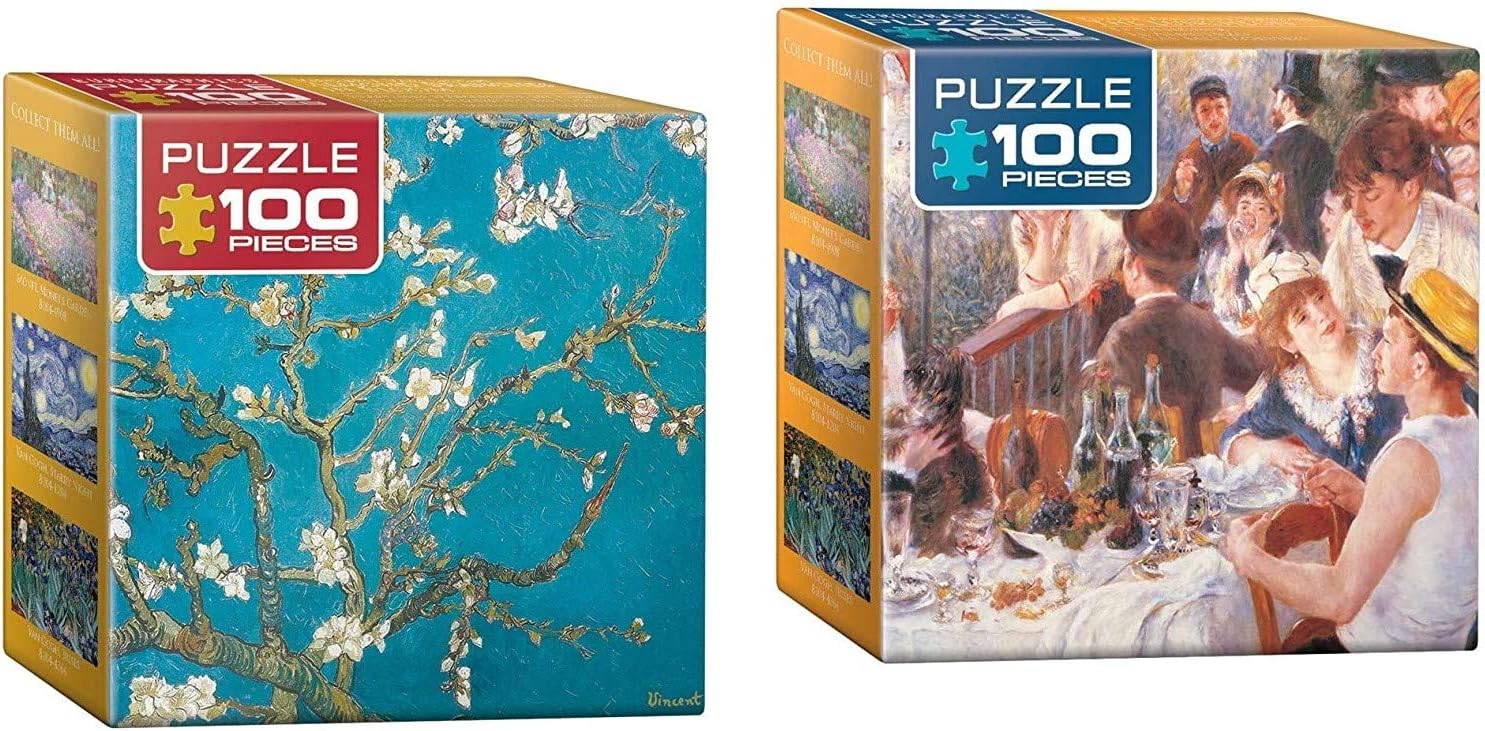 100 Piece Mini Puzzle Set: Vincent Van Gogh and Pierre Renoir Fine Art Mini Jigsaw Puzzle Set - Van Gogh's Almond Branches in Bloom and Renoir's The Luncheon