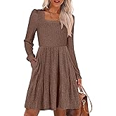 ANRABESS Women's Square Neck Long Sleeve Fall Dress Casual Ribbed Knit Soft 2026 Trendy Short Sweater Dresses with Pockets