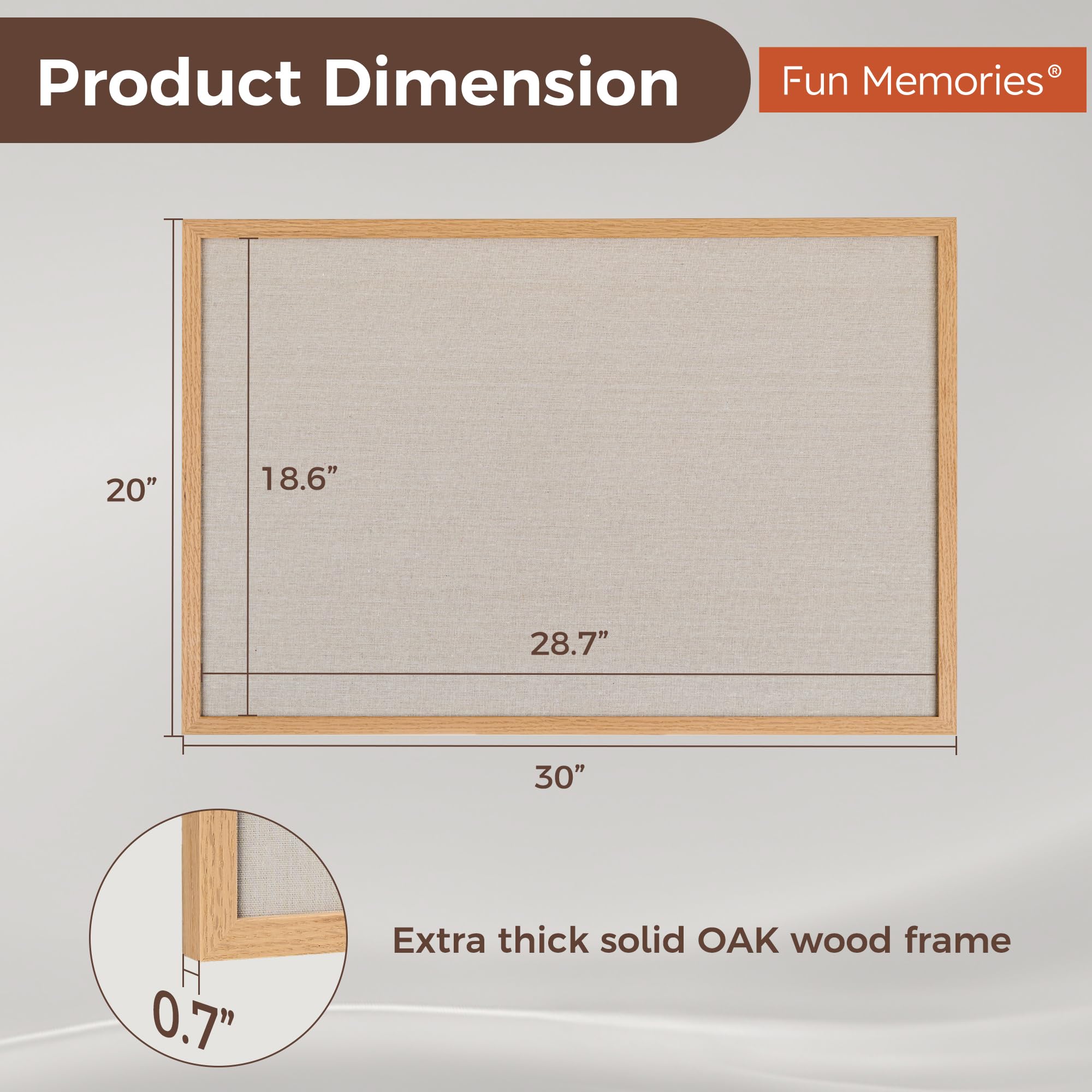 Condition photo showing New/Like New for fun memories cork board bulletin board for office, 20" x 30" oak wooden framed corkboard, wall mount