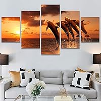 SIGNWIN 5 Panel Canvas Wall Art Modern Art Dolphin Expressive Marine Life Multicolor Nautical Photography Whale for Home Decorations Ready to Hang - 60