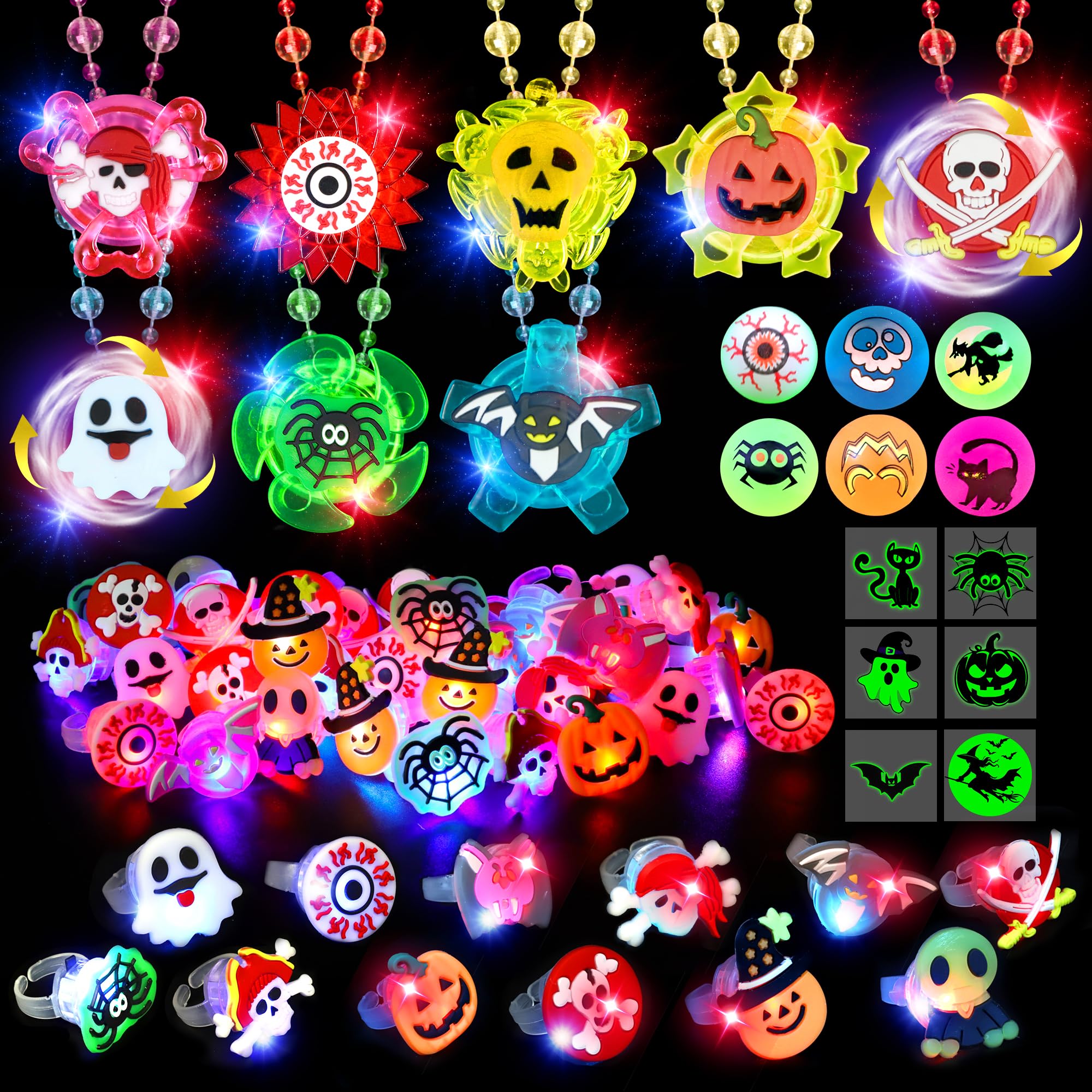Photo 1 of 98PCS Halloween Party Favors for Kids, Glow in the Dark Toys Bulk Rotating Necklaces Rings Balls Tattoos, Halloween Trick or Treats Toys Goodie Bag Stuffers Fillers Party Supplies Glow Sticks Prizes