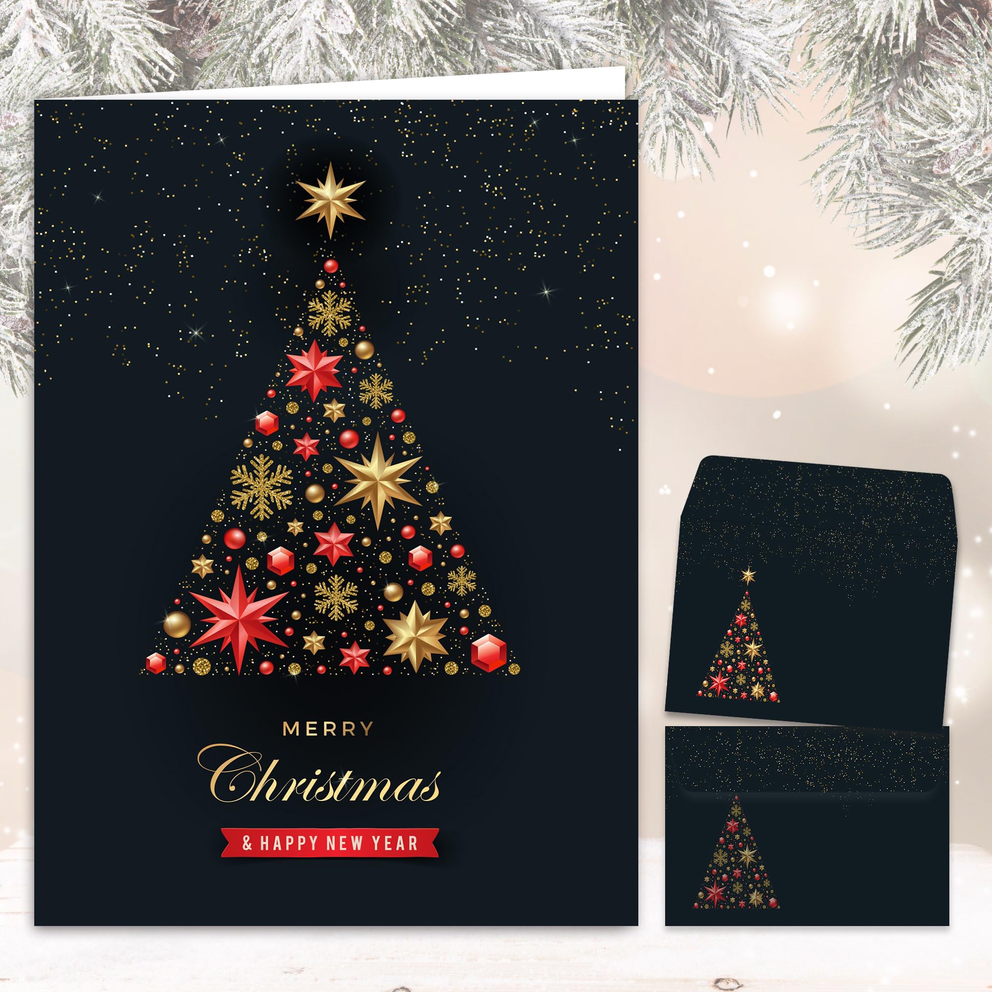 10 Christmas Cards "Festive Christmas Tree" with Envelope - Pack of 10 Elegant Folding Cards with Christmas Tree Motif in Set with Matching Envelopes (11133)