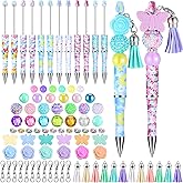 Teling 12 Sets Butterfly Flower Beadable Pens Black Ink Ballpoint Beaded Pen with Focal Silicone Bead Assorted Spacer Bead and Tassel and 12 Pcs Lobster Clasp for Office School DIY Spring Party Favor