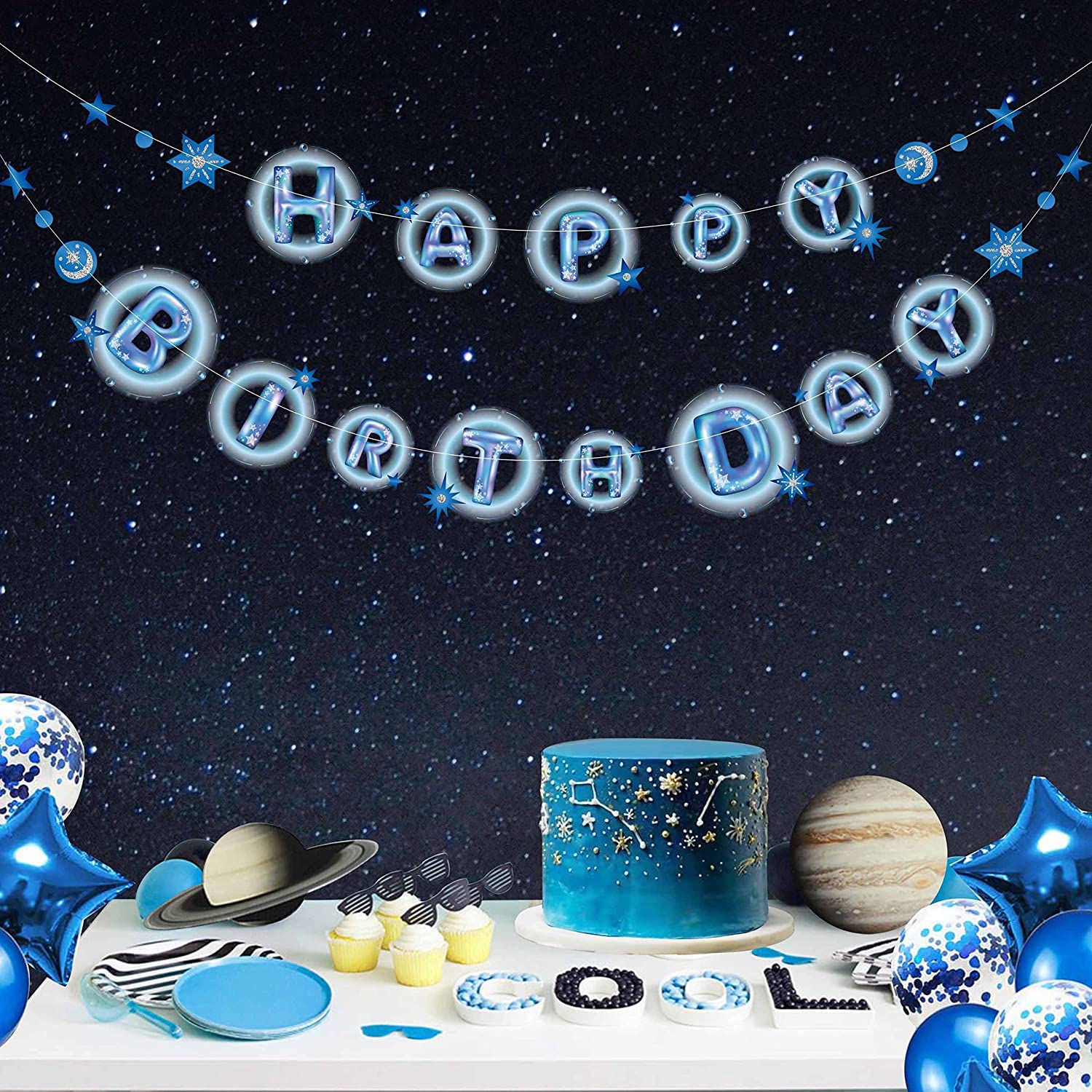 Cheerland HAPPY BIRTHDAY Banner Twinkle Star Decorations Solar Birthday Background Moon BDay Décor Sweet 16 Birthday Party Backdrop (Blue)