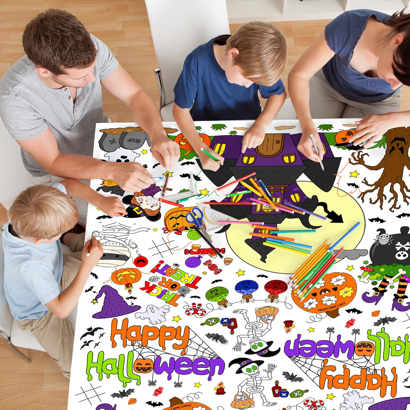 Photo 1 of AKEROCK Halloween Coloring Tablecloth Decorations, Halloween Crafts for Kids - Games, Activities, Poster, Gifts, Party Favors for Family or Classroom - 118 x 54 Inches