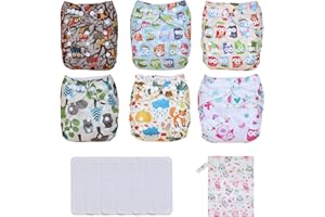 TDIAPERS Baby Cloth Diapers Washable Reusable One Size Adjustable for Baby 6 Pack with 6 Pcs Microfiber Inserts, 1 Wet Bag