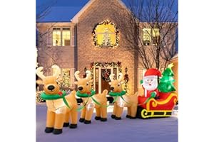 Sizonjoy Outdoor Christmas Inflatables Decorations,13 FT Lighted Christmas Inflatables Santa Claus on Sleigh with 3 Reindeer & Christmas Tree for Indoor Outdoor Home Holiday Yard Decorations