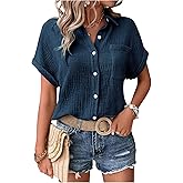 SweatyRocks Women's Batwing Sleeve Tops Textured Button Down Casual Blouse Summer