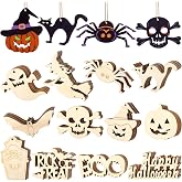 WILLBOND 60 Pcs Halloween Wood Ornaments, Slices Cutouts Craft Twine Ropes | Pumpkin Ghost Bat Assorted Skull Witch Spider Tombstone Signs, DIY Crafts, Ornaments Supplies, Party Decor Tags