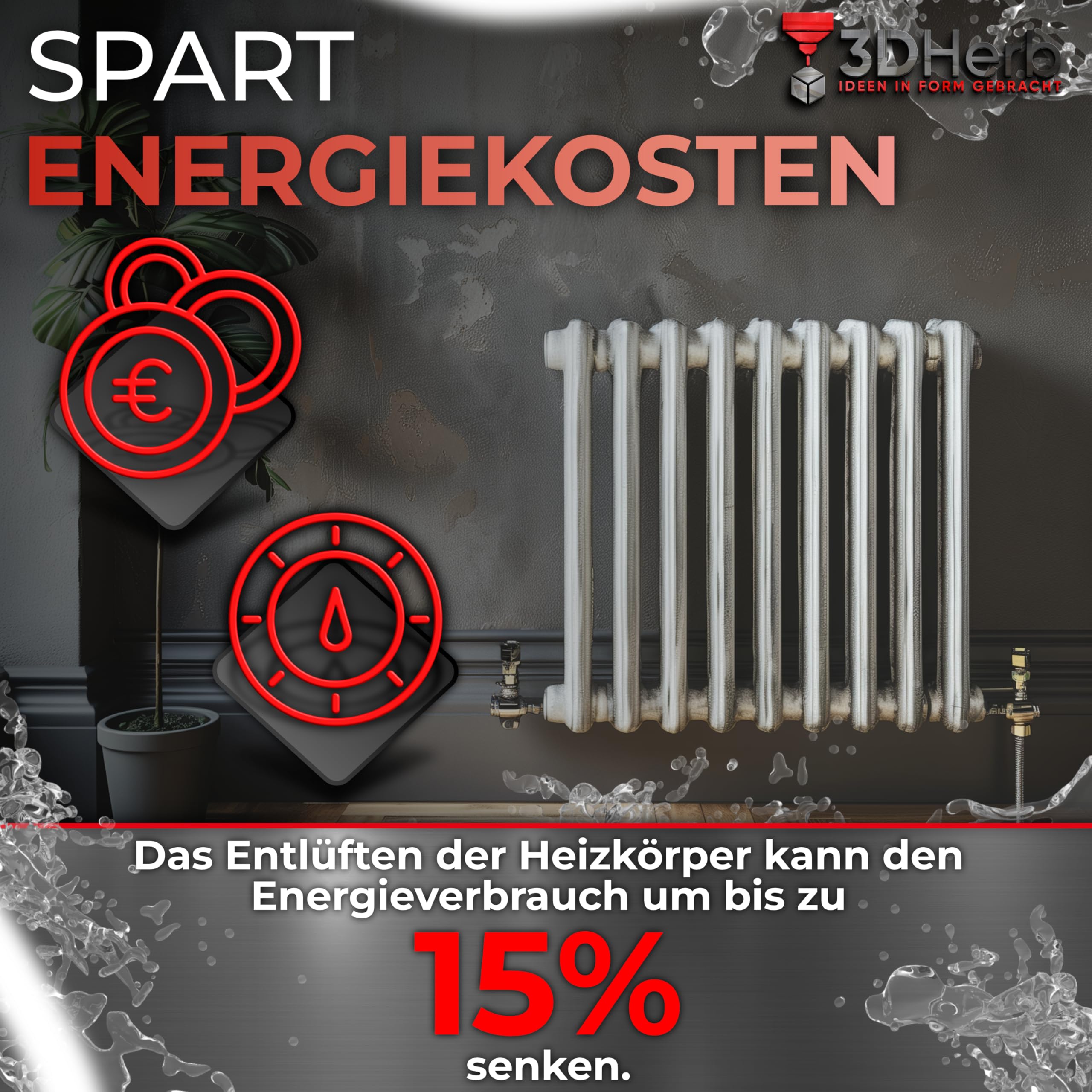 3DHerb Entlüftungsschlüssel, Edelstahl Heizungsschlüssel, Heizkörper Entlüftungsgriff, Vierkantschlüssel, Heizung entlüften, aus hochwertigem Edelstahl - DAS ORIGINAL - 5