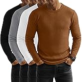 Baggyfly 4 Pack Men's Waffle Long Sleeve Shirts Crew Neck T-Shirts Casual Thermal Tops Lightweight Undershirts(Black, Gray, White, Caramel,Large)