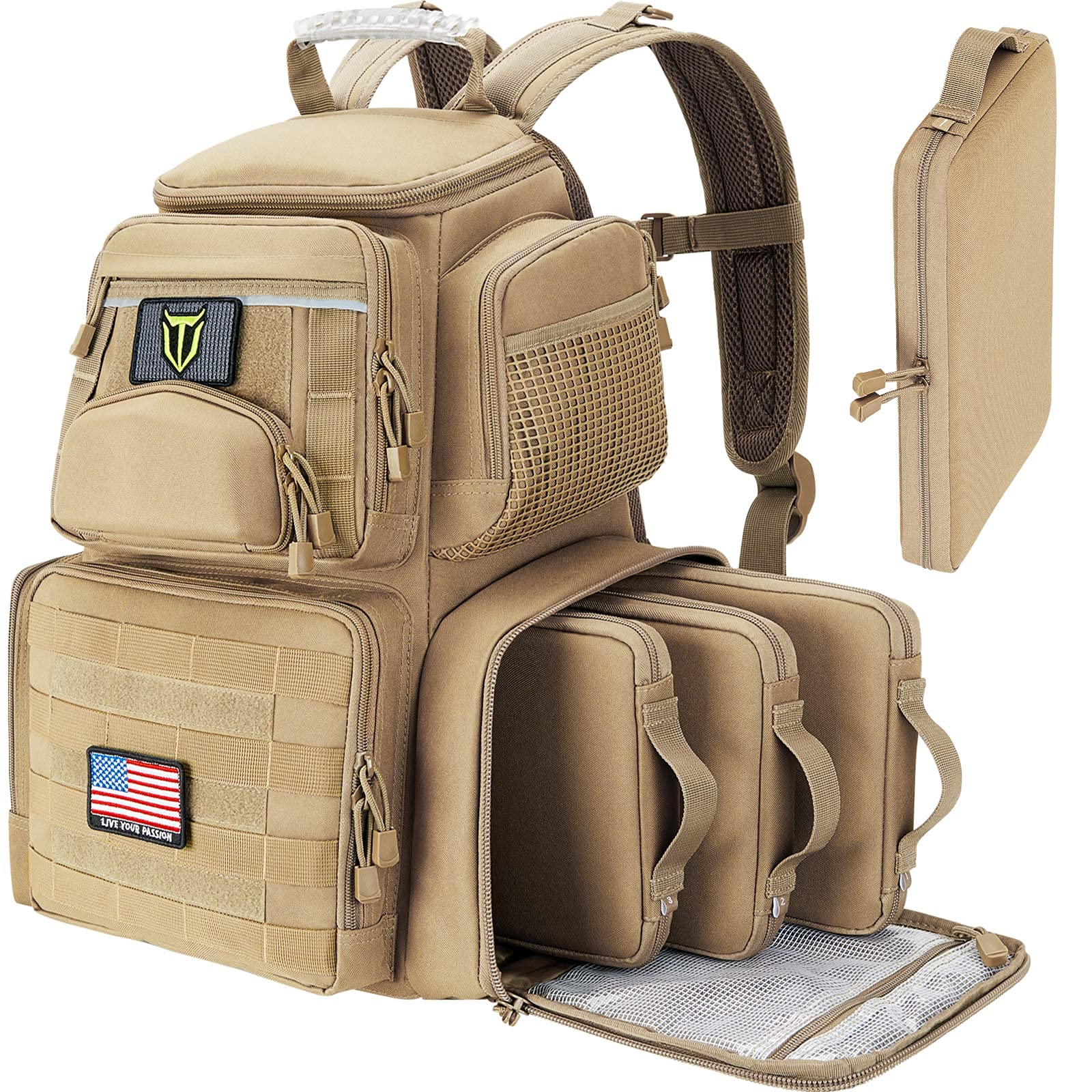Photo 1 of TIDEWE Tactical Range Backpack with Removable Divider, Handgun Backpack with 4 Pistol Case for Handguns, Range Bag with Hard Glasses Case (Khaki)