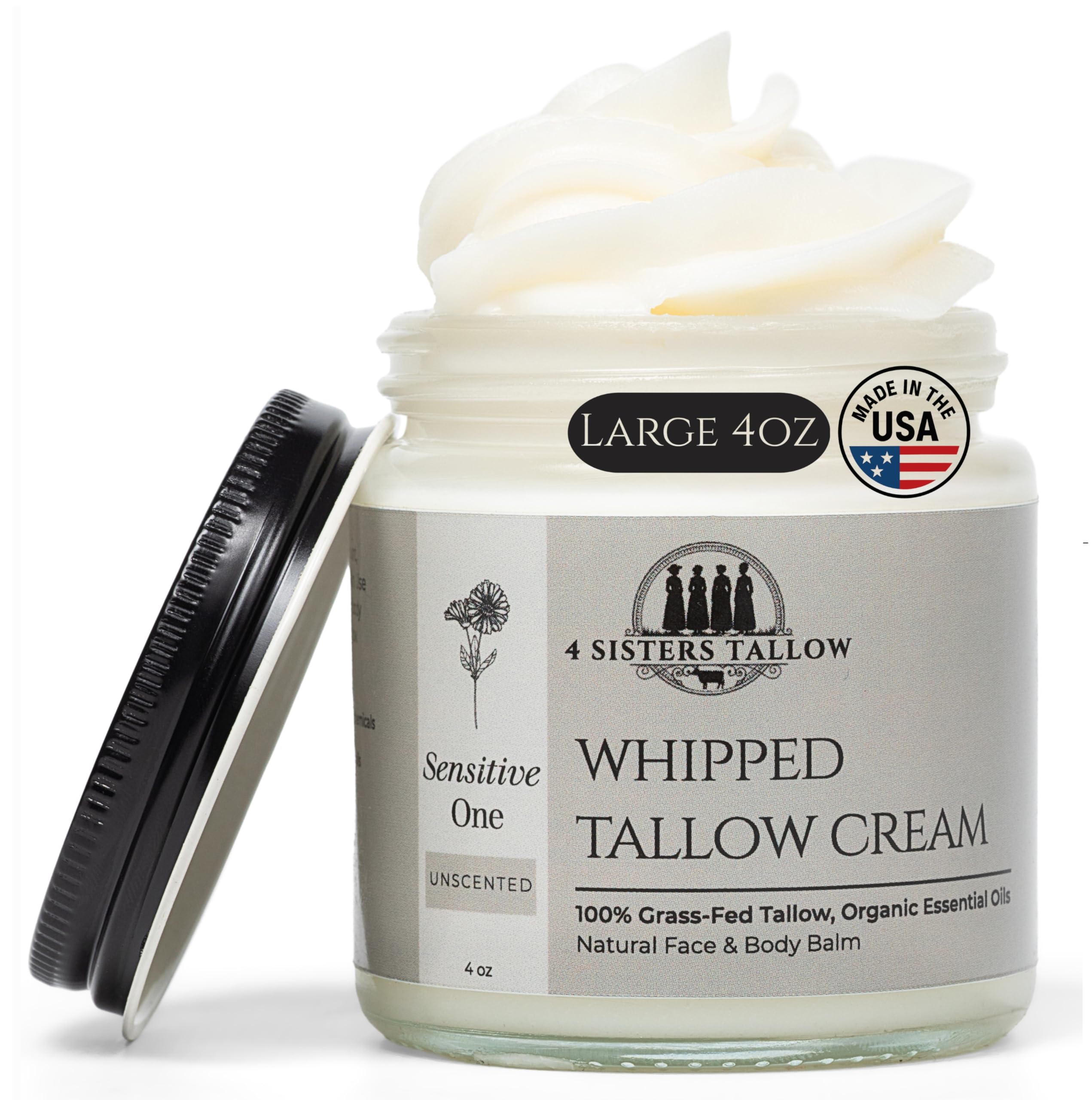 Photo 1 of 100%  Fed Beef Tallow For Face & Skin - All Natural Tallow Face Cream - Whipped Moisturizer Lotion - Made in USA - 100% Organic Essential Oils - Lrg 4 Fl Oz - For Sensitive Skin - (Unscented)