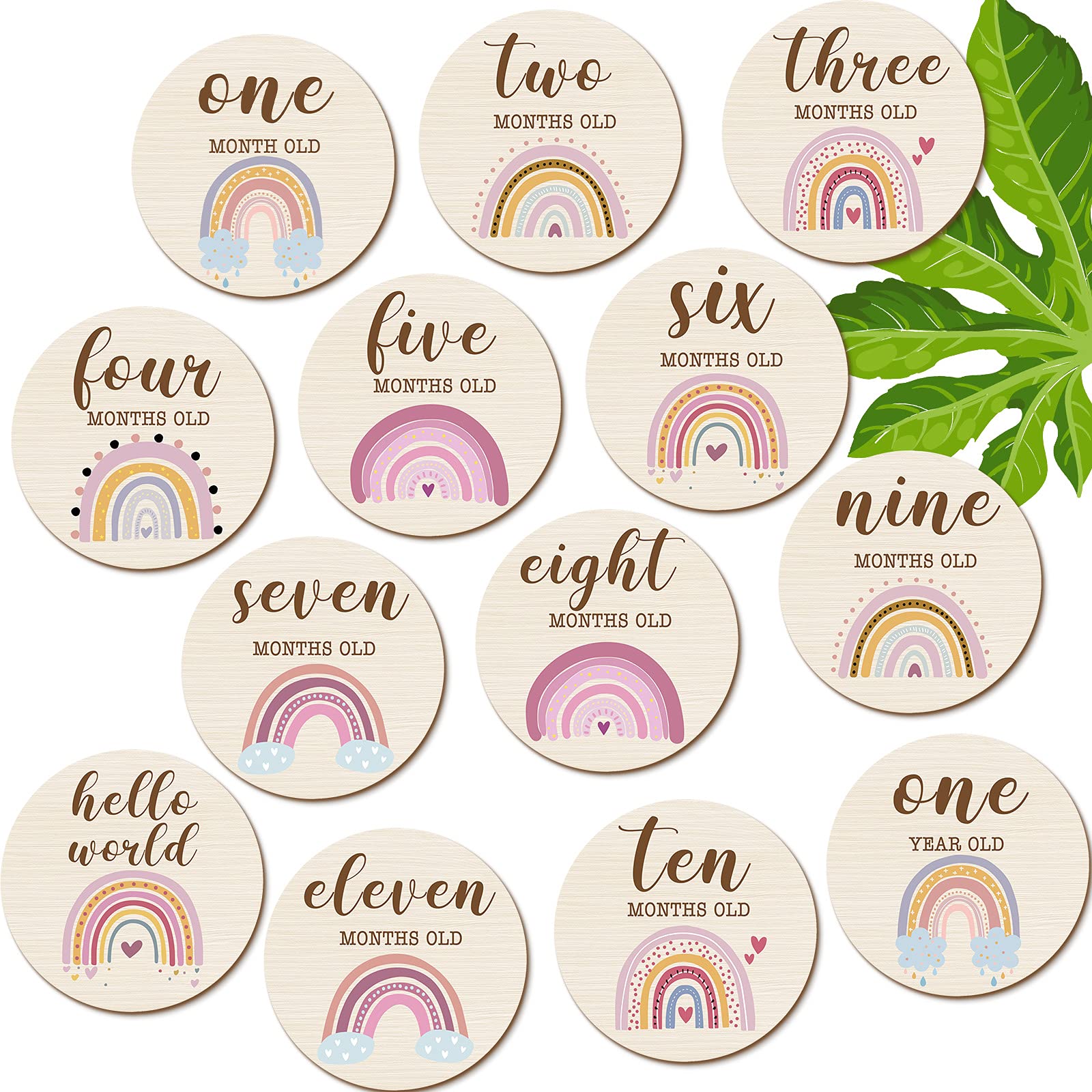 Photo 1 of 13 Pieces Baby Monthly Milestone Wooden Cards Boho Rainbow Double Sided Printed Milestone Discs Wood Gift Photo Prop Discs Sets Birth Announcement Sign for Baby Shower Newborn