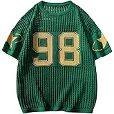 Verdusa Men's Jersey Shirt Y2k Tops Baggy Crochet Short Sleeve Letter Print Vintage Lightweight Pullover Sweater